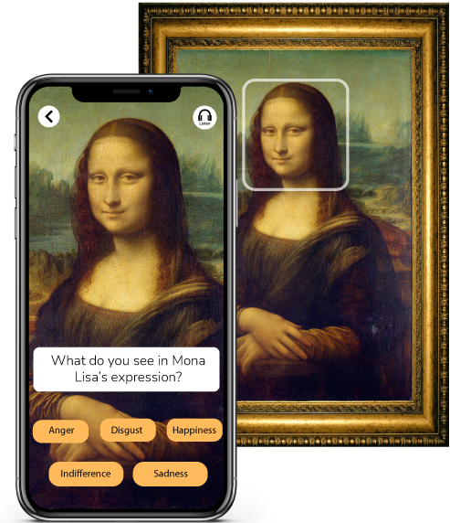 Hand holding AR app interacting with Mona Lisa Painting