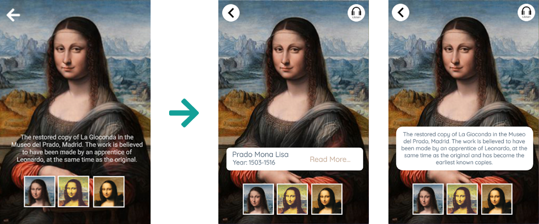 Before and after comparison flow of Mona Lisa alternate painted version informational screen