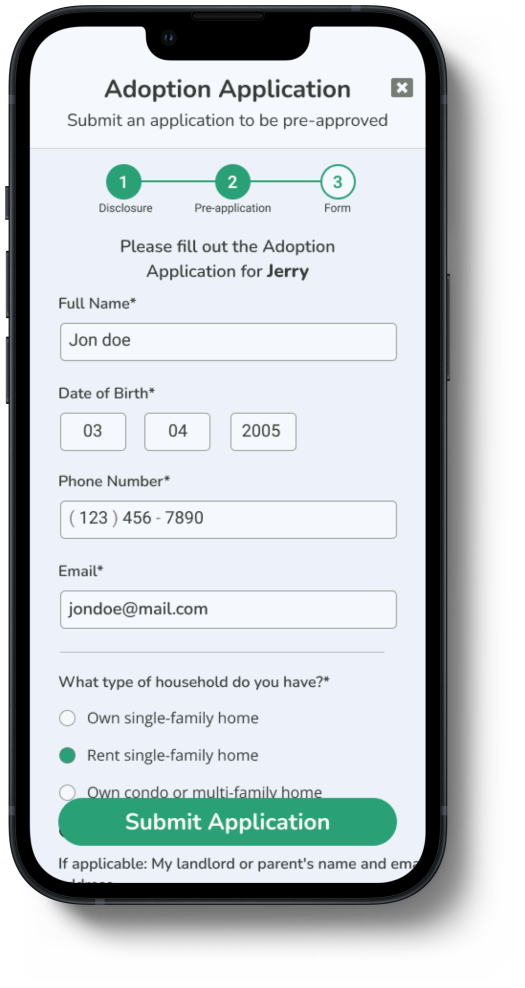 Adoption Application Step 3 with applicatopmn form