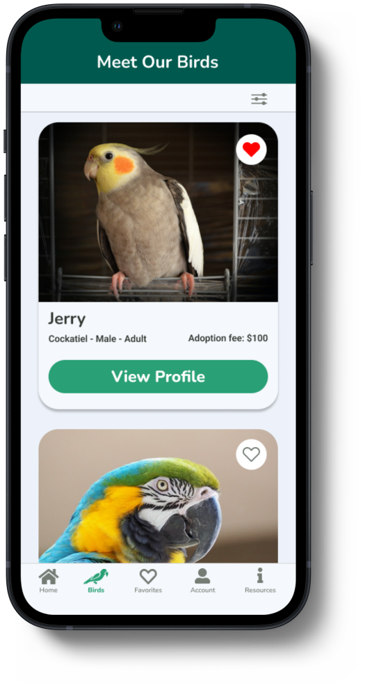 Listing of available parrots in app