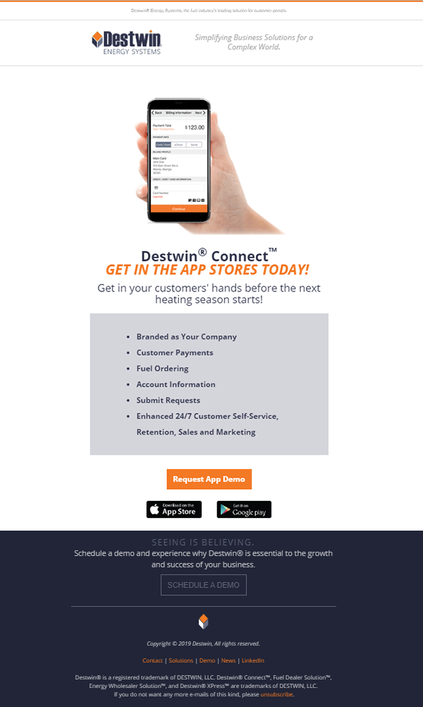 Destwin Connect Email Campaign with hand holding phone