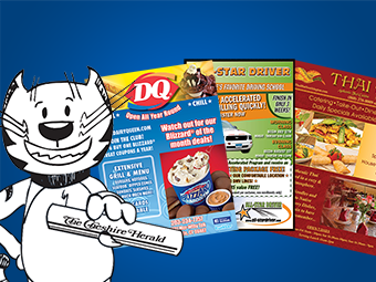 Harold the Cat Mascot and 3 Cheshire Herald print advertisements