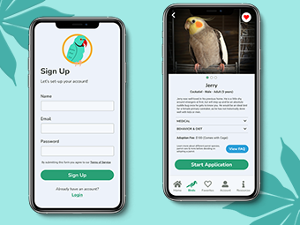 CT Parrot Rescue Sign Up screen and Parrot Profile screen