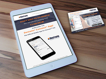 Destwin Connect Mobile App advertising on mobile tablet and postcard