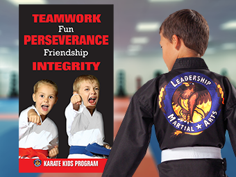 Leadership Martial Arts inspirational banner and logo on studen's uniform