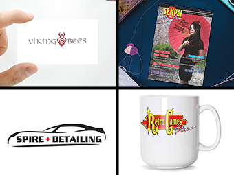 Sampling of logos on a mug, business card and magazine